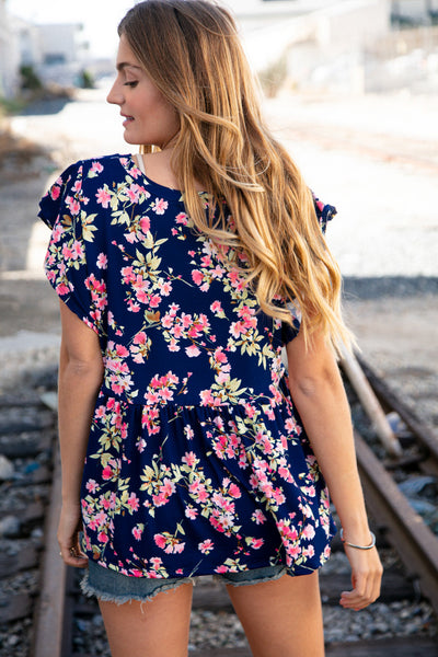 Navy Floral Ruffle Short Sleeve Baby Doll Top