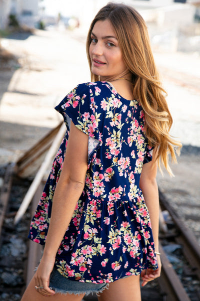 Navy Floral Ruffle Short Sleeve Baby Doll Top