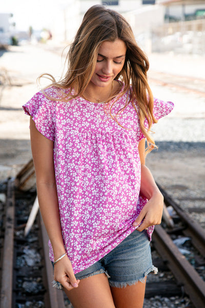 Fuchsia Floral Yoke Ruffle Short Sleeve Top