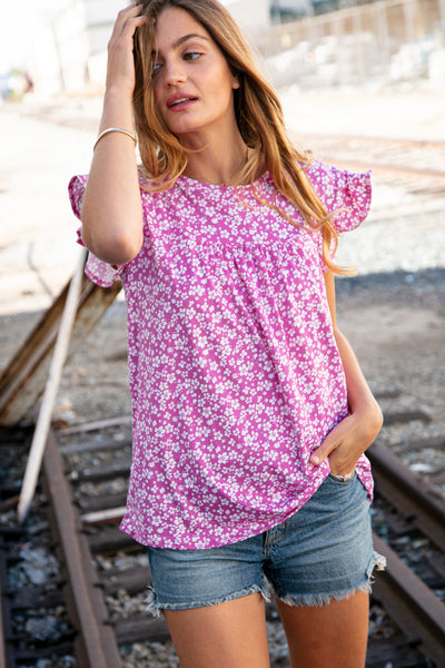 Fuchsia Floral Yoke Ruffle Short Sleeve Top