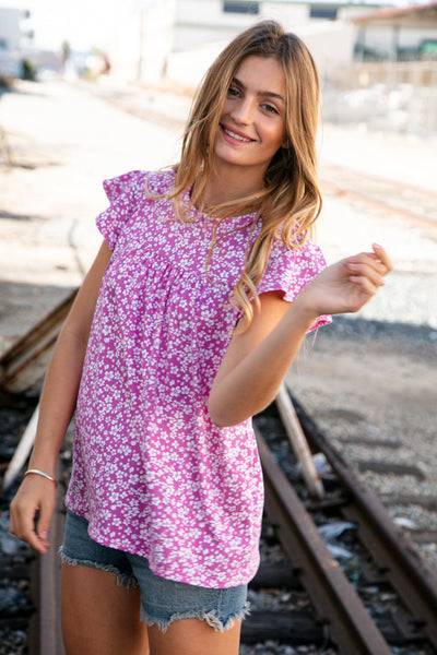 Fuchsia Floral Yoke Ruffle Short Sleeve Top