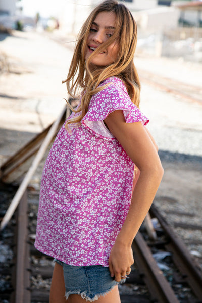 Fuchsia Floral Yoke Ruffle Short Sleeve Top