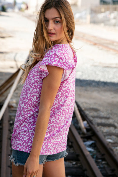 Fuchsia Floral Yoke Ruffle Short Sleeve Top