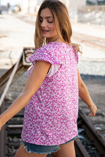 Fuchsia Floral Yoke Ruffle Short Sleeve Top