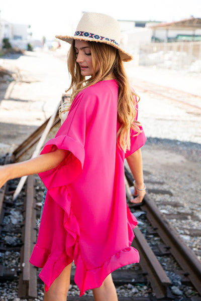 Fuchsia Elbow Length Ruffle Hem Open Kimono