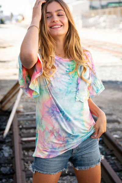 Tie Dye Dolman Ruffle Top with Pocket