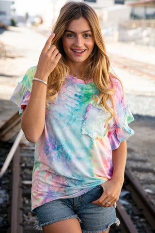 Tie Dye Dolman Ruffle Top with Pocket