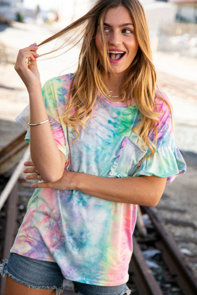 Tie Dye Dolman Ruffle Top with Pocket