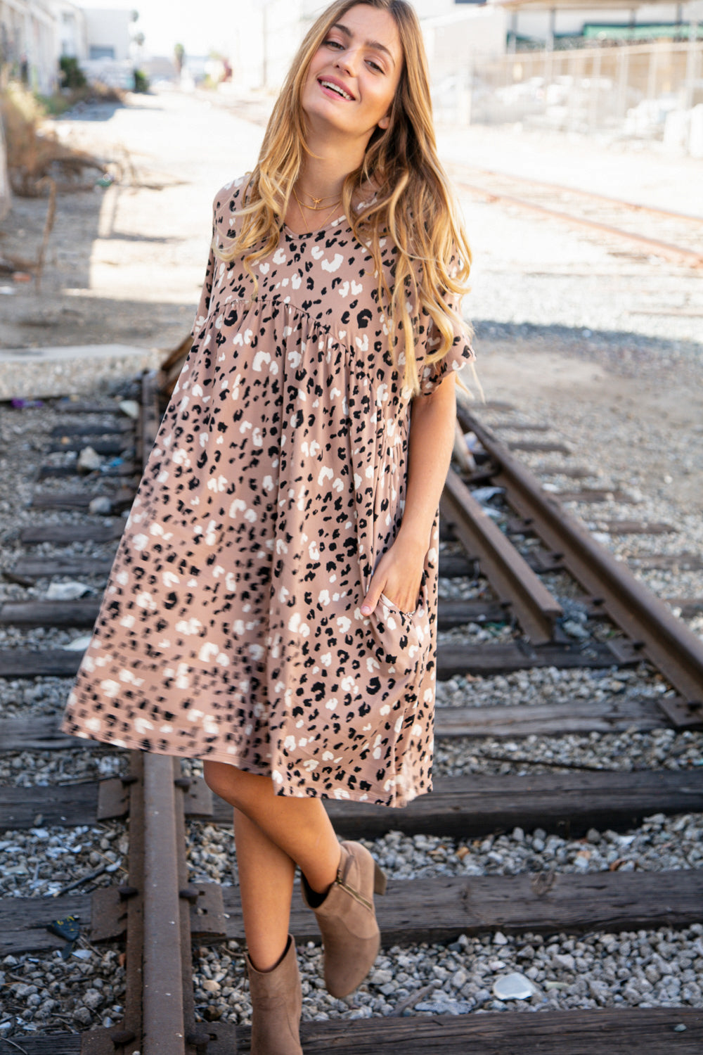 Leopard Drop Shoulder Tunic Pocketed V Neck Dress