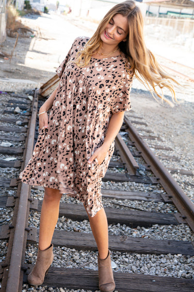 Leopard Drop Shoulder Tunic Pocketed V Neck Dress