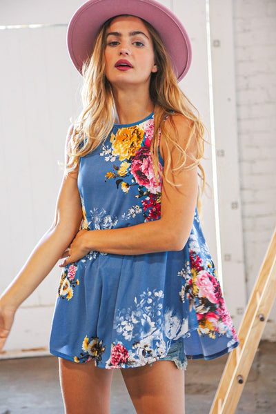 Blue Floral Round Neck Sleeveless Scalloped Top