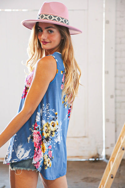 Blue Floral Round Neck Sleeveless Scalloped Top