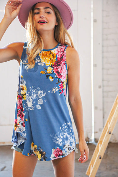 Blue Floral Round Neck Sleeveless Scalloped Top