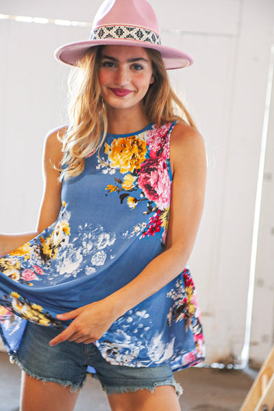 Blue Floral Round Neck Sleeveless Scalloped Top