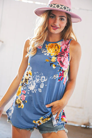 Blue Floral Round Neck Sleeveless Scalloped Top