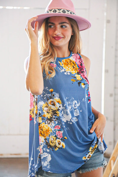 Blue Floral Round Neck Sleeveless Scalloped Top