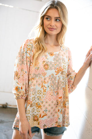 Peach Boho Patchwork Woven Top