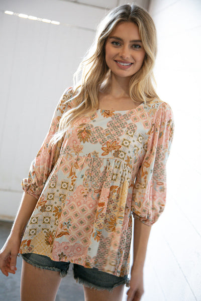 Peach Boho Patchwork Woven Top