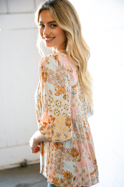 Peach Boho Patchwork Woven Top