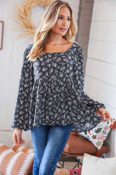 Charcoal Crinkle Floral Lace-Up Woven Bubble Sleeve Top