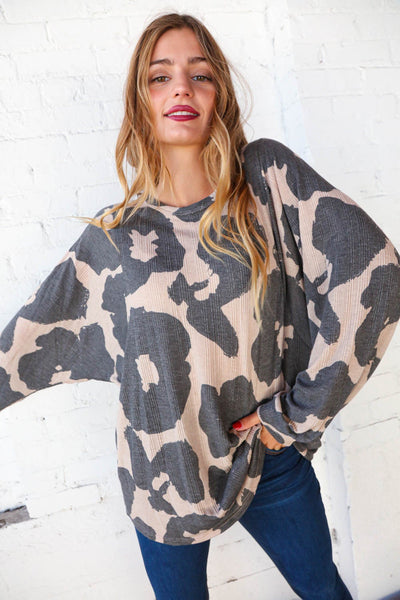 Animal Print Slub Rib Dolman Sleeve Tunic