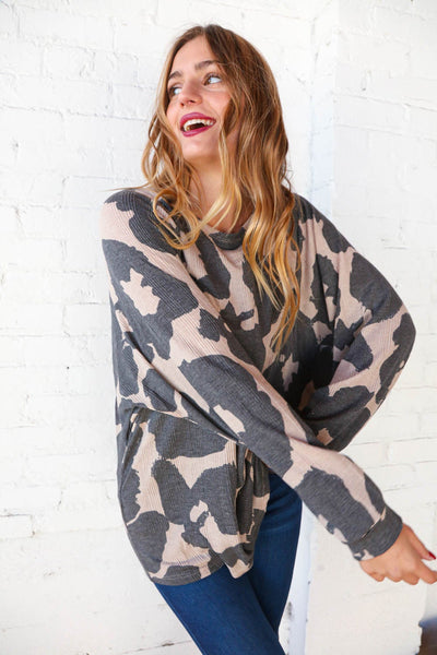 Animal Print Slub Rib Dolman Sleeve Tunic