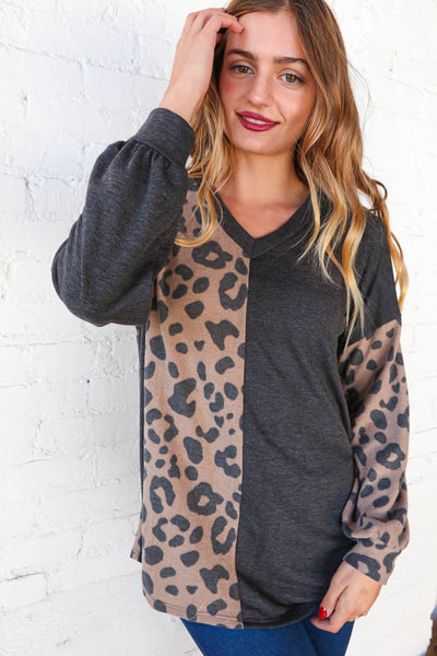 Spotted Leopard V Neck Color Block Knit Top