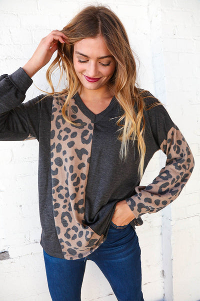 Spotted Leopard V Neck Color Block Knit Top