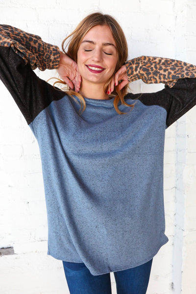 Blue & Black Leopard Print Color Block Bubble Sleeve Top