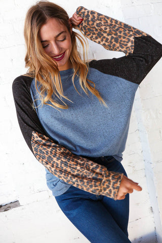 Blue & Black Leopard Print Color Block Bubble Sleeve Top