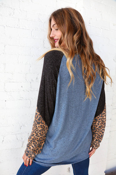 Blue & Black Leopard Print Color Block Bubble Sleeve Top