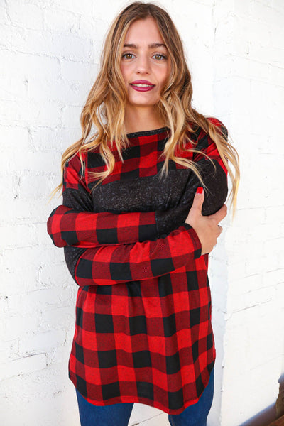 Hacci Plaid and Black Color Block Pullover