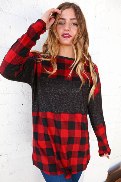 Hacci Plaid and Black Color Block Pullover