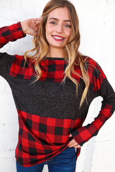 Hacci Plaid and Black Color Block Pullover