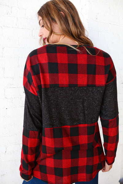 Hacci Plaid and Black Color Block Pullover