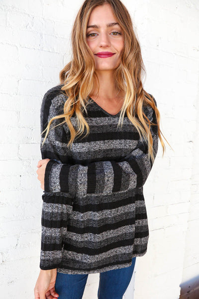 Black and Grey V Neck  Stripe Sweater