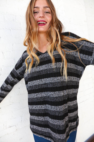 Black and Grey V Neck  Stripe Sweater