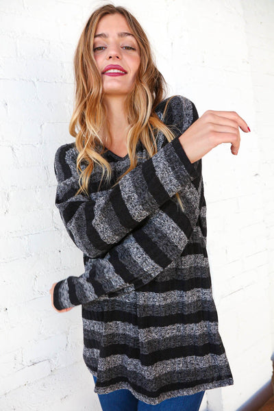 Black and Grey V Neck  Stripe Sweater