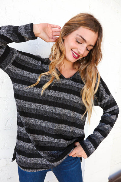 Black and Grey V Neck  Stripe Sweater