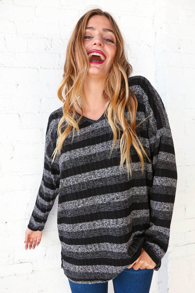 Black and Grey V Neck  Stripe Sweater