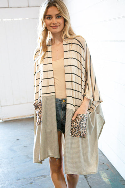 Beige Yarn Dye Stripe Leopard Pocket Open Cardigan