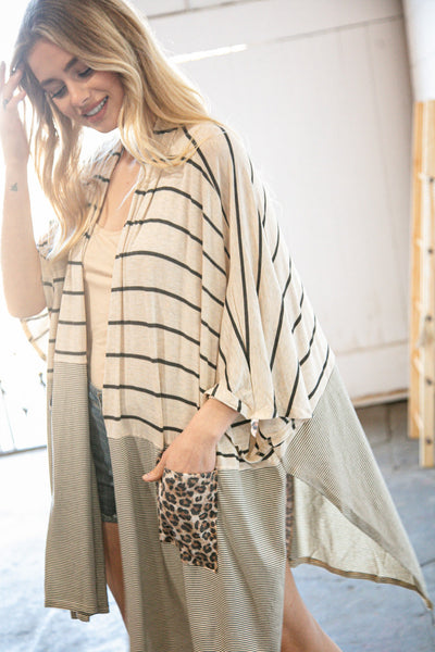 Beige Yarn Dye Stripe Leopard Pocket Open Cardigan