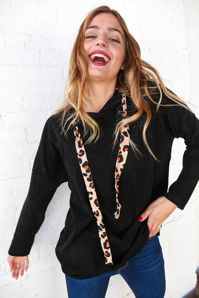 Black Knit Leopard Print Drawstring Hoodie