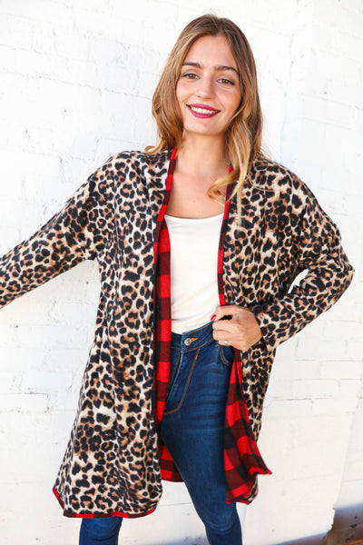 Buffalo Plaid & Animal Print Contrast Cardigan