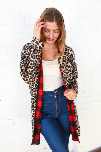 Buffalo Plaid & Animal Print Contrast Cardigan