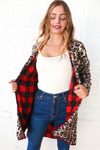 Buffalo Plaid & Animal Print Contrast Cardigan