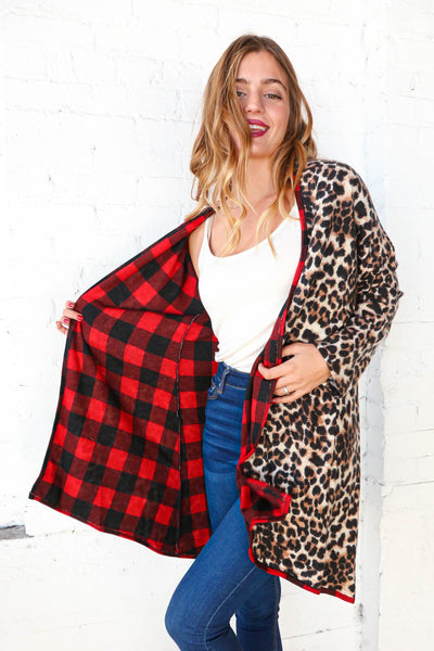 Buffalo Plaid & Animal Print Contrast Cardigan