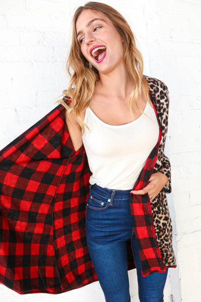 Buffalo Plaid & Animal Print Contrast Cardigan