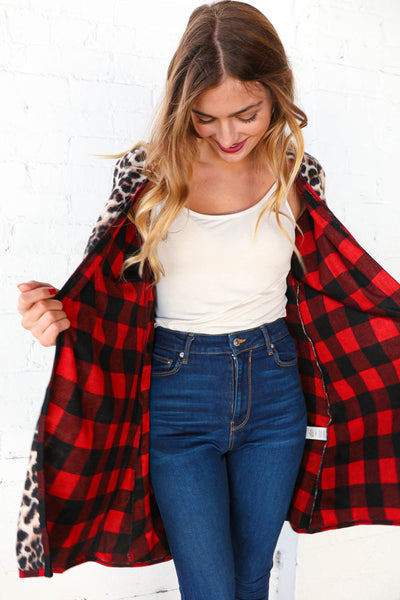 Buffalo Plaid & Animal Print Contrast Cardigan