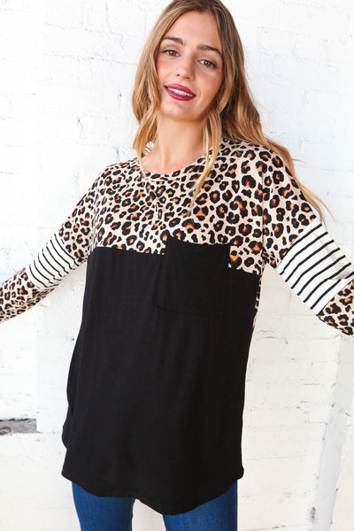 Midnight Leopard Stripe Color Block Knit Top